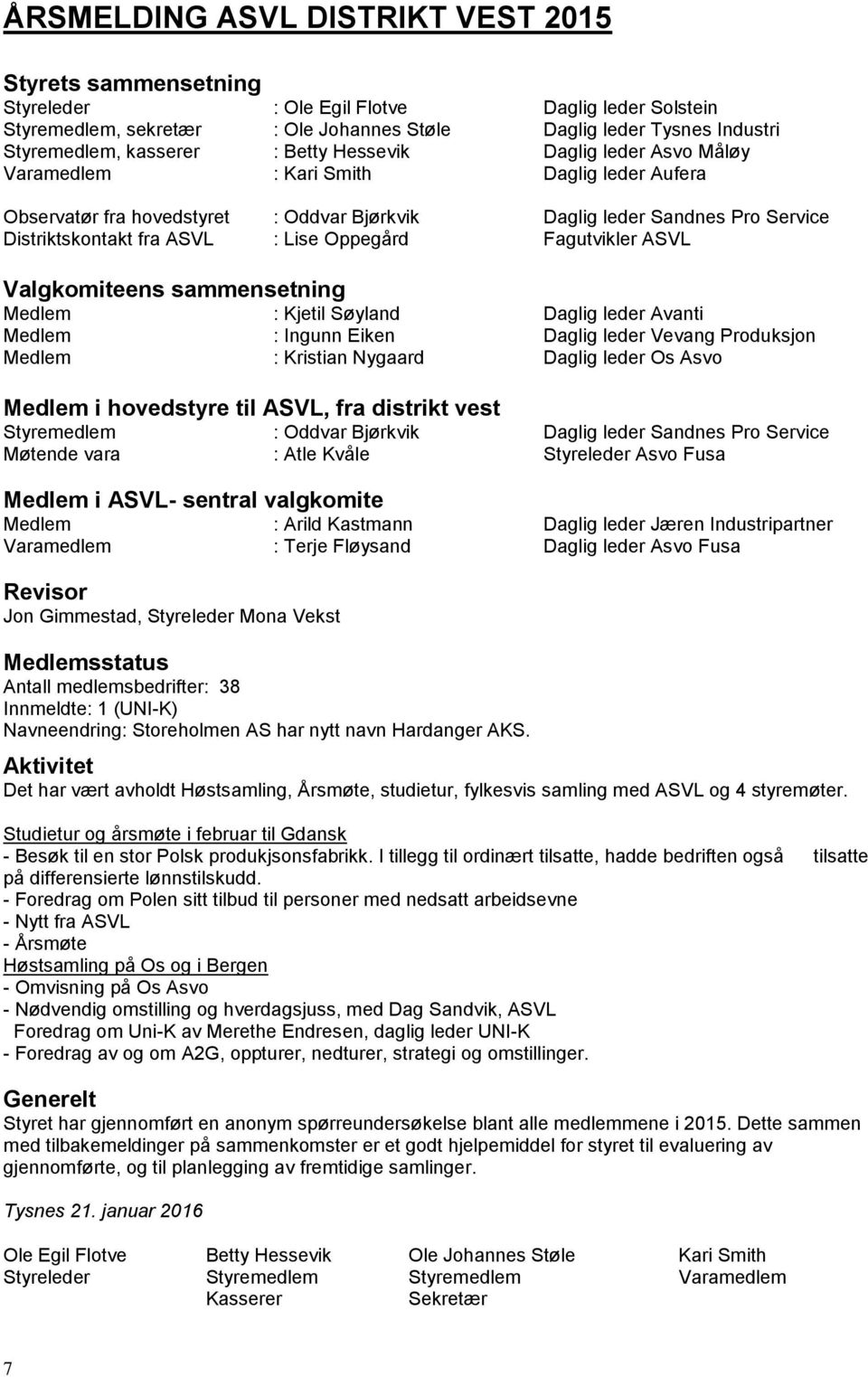 Lise Oppegård Fagutvikler ASVL Valgkomiteens sammensetning Medlem : Kjetil Søyland Daglig leder Avanti Medlem : Ingunn Eiken Daglig leder Vevang Produksjon Medlem : Kristian Nygaard Daglig leder Os