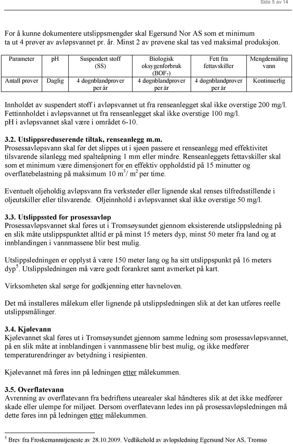 Mengdemåling vann Kontinuerlig Innholdet av suspendert stoff i avløpsvannet ut fra renseanlegget skal ikke overstige 200 mg/l.