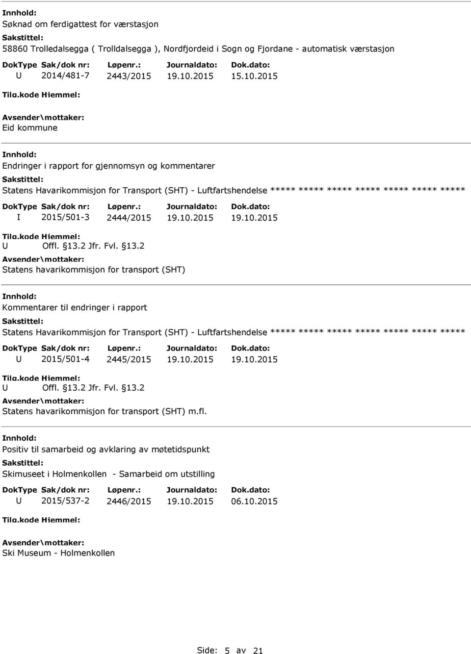 2 Jfr. Fvl. 13.2 Statens havarikommisjon for transport (SHT) Kommentarer til endringer i rapport Statens Havarikommisjon for Transport (SHT) - Luftfartshendelse 2015/501-4 2445/2015 Offl.