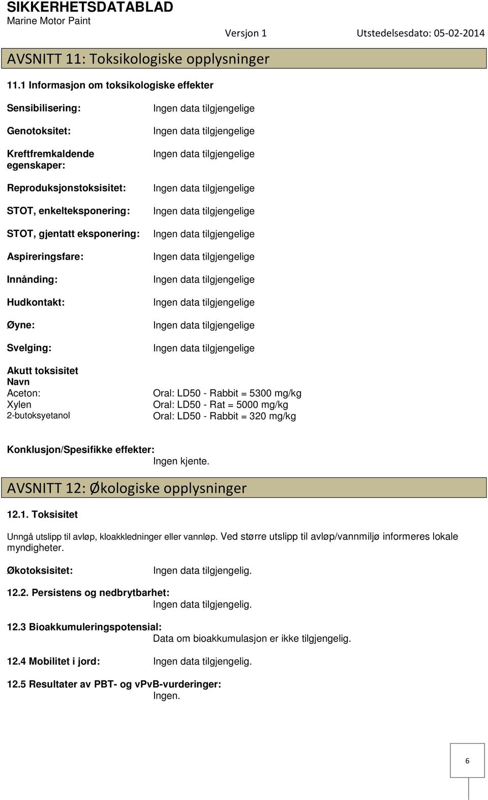 Innånding: Hudkontakt: Øyne: Svelging: Akutt toksisitet Navn Aceton: Xylen 2butoksyetanol Oral: LD50 Rabbit = 5300 mg/kg Oral: LD50 Rat = 5000 mg/kg Oral: LD50 Rabbit = 320 mg/kg