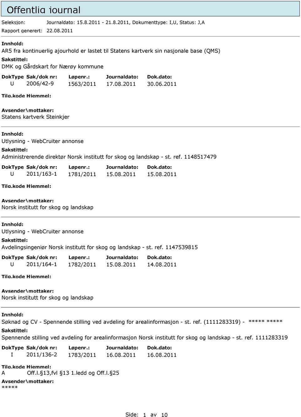 42-9 1563/2011 30.06.2011 Statens kartverk Steinkjer tlysning - WebCruiter annonse dministrerende direktør Norsk institutt for skog og landskap - st. ref. 1148517479 2011/163-1 1781/2011 15.08.