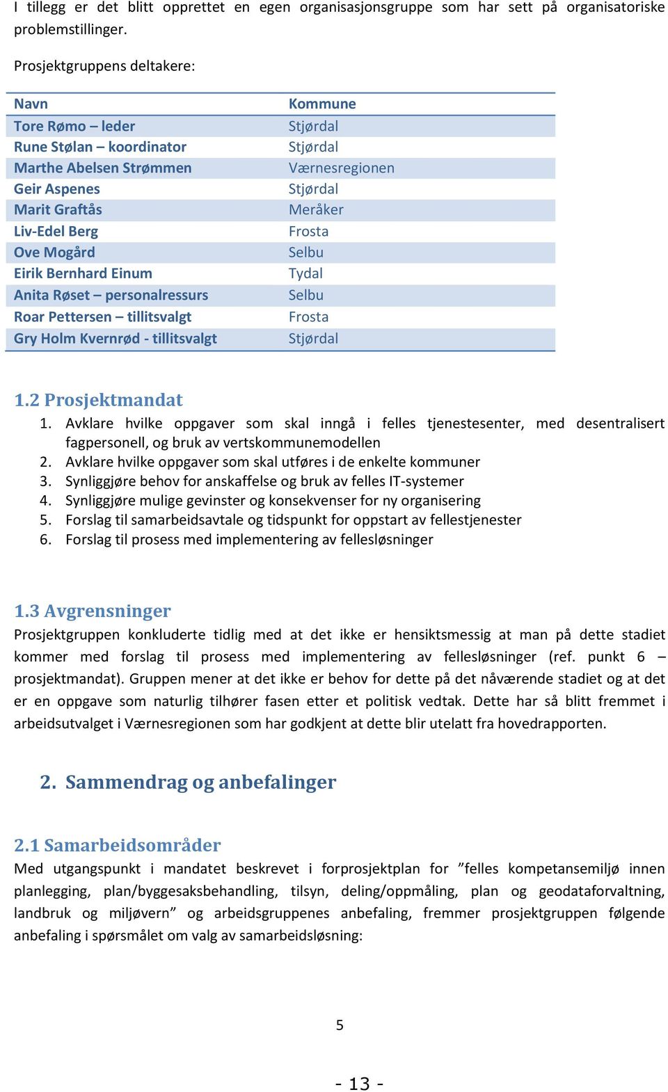 Roar Pettersen tillitsvalgt Gry Holm Kvernrød - tillitsvalgt Kommune Stjørdal Stjørdal Værnesregionen Stjørdal Meråker Frosta Selbu Tydal Selbu Frosta Stjørdal 1.2 Prosjektmandat 1.