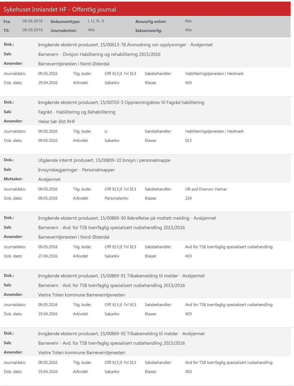 Hedmark Dok. dato: Arkivdel: Sakarkiv 012 Utgående internt produsert, 15/00809-10 Innsyn i personalmappe Innsynsbegjæringer - Personalmapper HR avd Elverum-Hamar Dok.