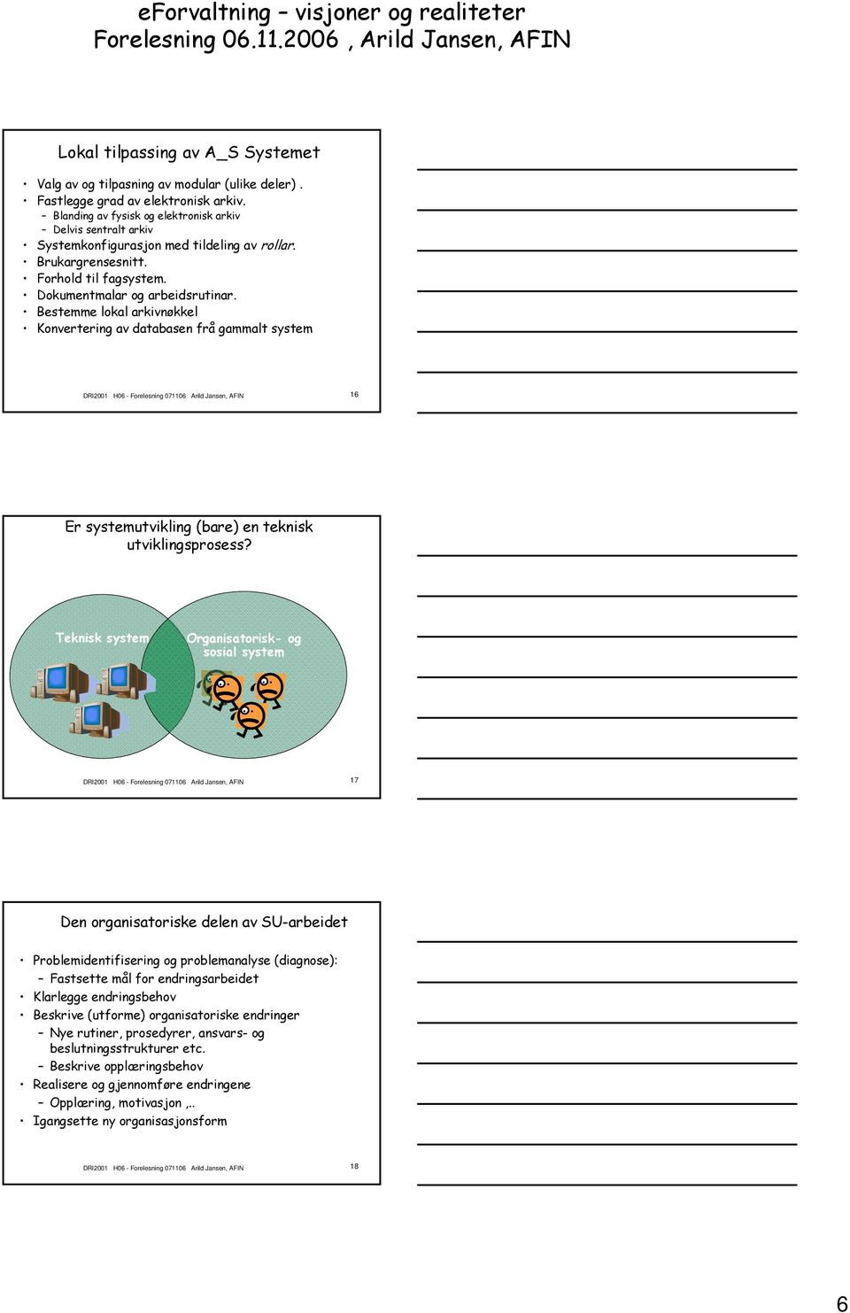 Bestemme lokal arkivnøkkel Konvertering av databasen frå gammalt system DRI2001 H06 - Forelesning 071106 Arild Jansen, AFIN 16 Er systemutvikling (bare) en teknisk utviklingsprosess?