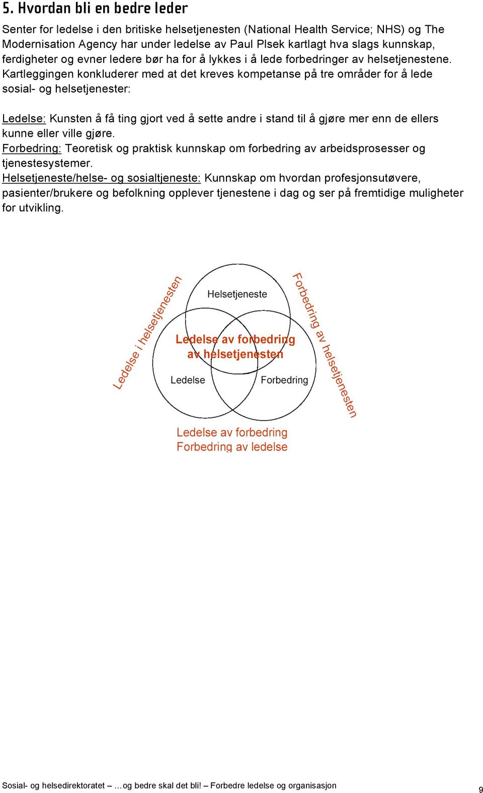 Kartleggingen konkluderer med at det kreves kompetanse på tre områder for å lede sosial- og helsetjenester: Ledelse: Kunsten å få ting gjort ved å sette andre i stand til å gjøre mer enn de ellers