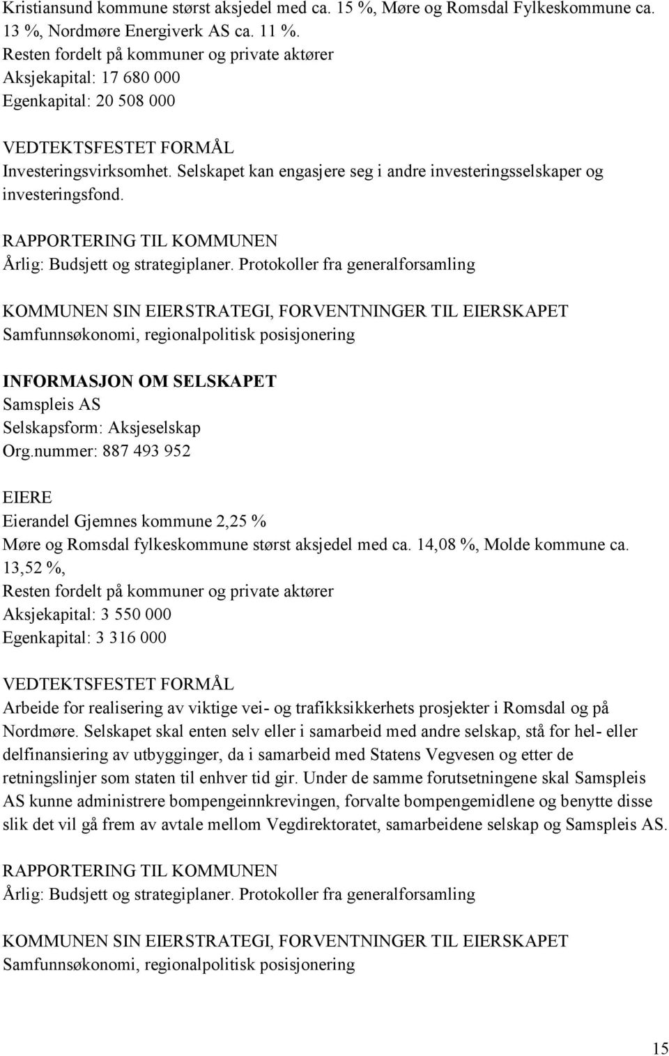 Årlig: Budsjett og strategiplaner. Protokoller fra generalforsamling Samfunnsøkonomi, regionalpolitisk posisjonering Samspleis AS Selskapsform: Aksjeselskap Org.