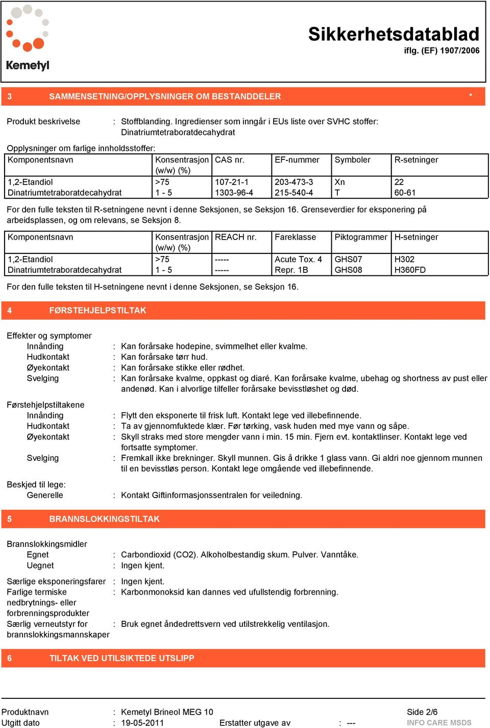 EF-nummer Symboler R-setninger (w/w) (%) 1,2-Etandiol >75 107-21-1 203-473-3 Xn 22 Dinatriumtetraboratdecahydrat 1-5 1303-96-4 215-540-4 T 60-61 For den fulle teksten til R-setningene nevnt i denne