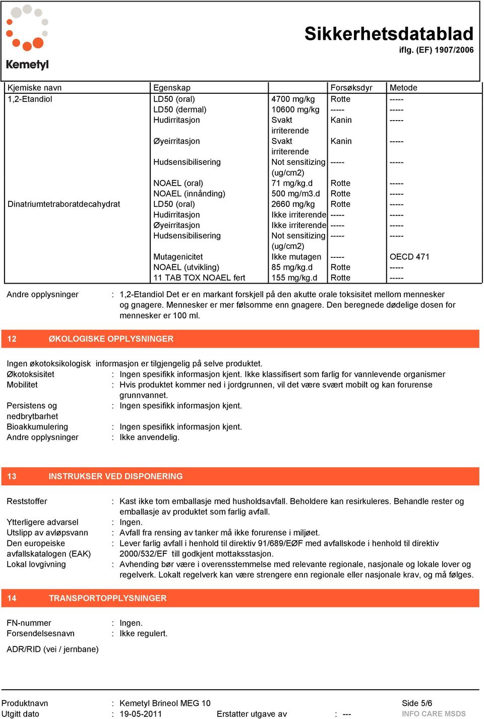 d Rotte ----- Dinatriumtetraboratdecahydrat LD50 (oral) 2660 mg/kg Rotte ----- Hudirritasjon Ikke irriterende ----- ----- Øyeirritasjon Ikke irriterende ----- ----- Hudsensibilisering Not sensitizing