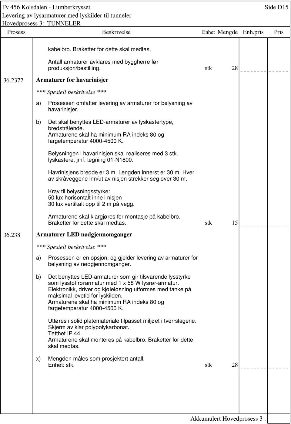 Armaturene skal ha minimum RA indeks 80 og fargetemperatur 4000-4500 K. Belysningen i havarinisjen skal realiseres med 3 stk. lyskastere, jmf. tegning 01-N1800. Havrinisjens bredde er 3 m.