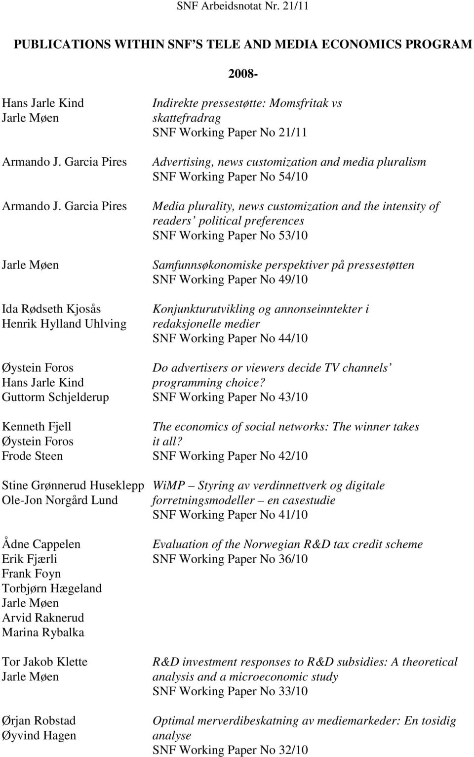 SNF Working Paper No 54/10 Media plurality, news customization and the intensity of readers political preferences SNF Working Paper No 53/10 Samfunnsøkonomiske perspektiver på pressestøtten SNF