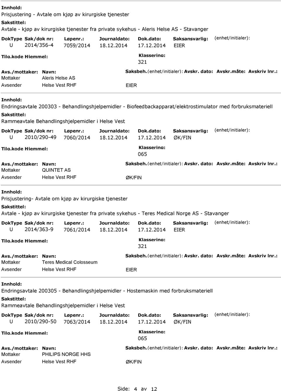 av kirurgiske tjenester Avtale - kjøp av kirurgiske tjenester fra private sykehus - Teres Medical Norge AS - Stavanger 2014/363-9 7061/2014 Mottaker Teres Medical Colosseum