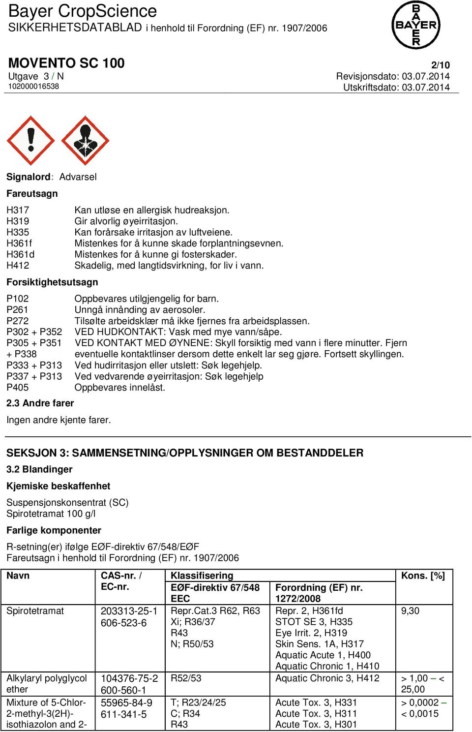 Forsiktighetsutsagn P102 Oppbevares utilgjengelig for barn. P261 Unngå innånding av aerosoler. P272 Tilsølte arbeidsklær må ikke fjernes fra arbeidsplassen.