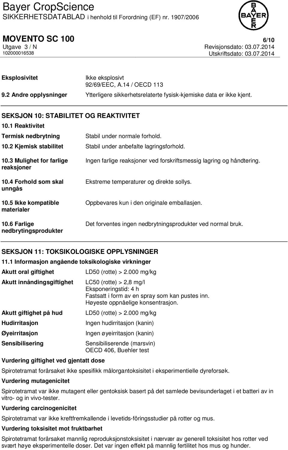 4 Forhold som skal unngås 10.5 Ikke kompatible materialer 10.6 Farlige nedbrytingsprodukter Ingen farlige reaksjoner ved forskriftsmessig lagring og håndtering.