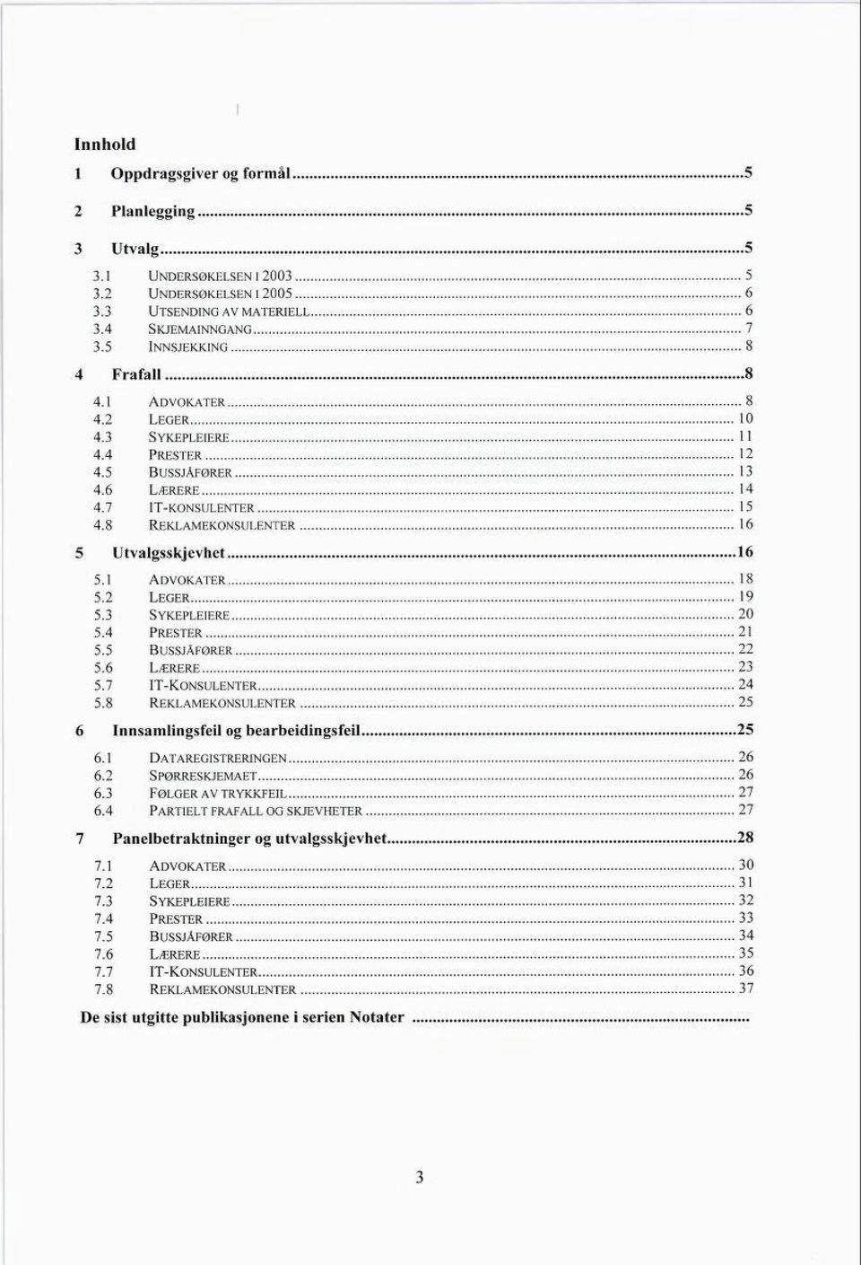 3 Sykepleiere 0 5.4 Prester 1 5.5 Bussjåfører 5.6 Lærere 3 5.7 it-konsulenter 4 5.8 Reklamekonsulenter 5 6 Innsamlingsfeil og bearbeidingsfeil 5 6.1 Dataregistreringen 6 6. Spørreskjemaet 6 6.