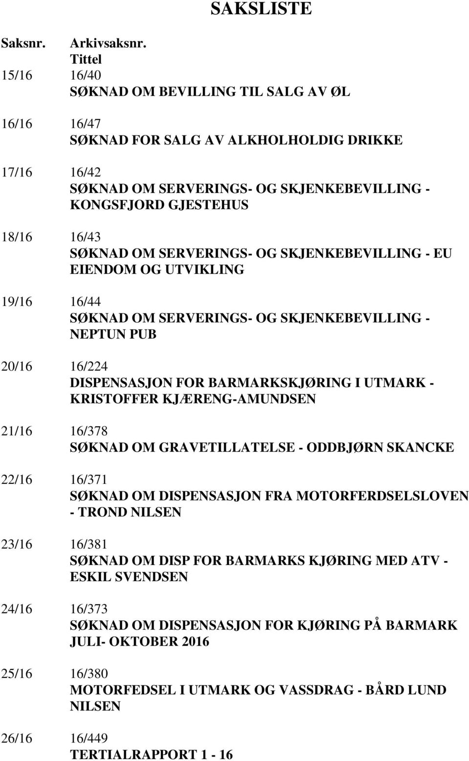 SØKNAD OM SERVERINGS- OG SKJENKEBEVILLING - EU EIENDOM OG UTVIKLING 19/16 16/44 SØKNAD OM SERVERINGS- OG SKJENKEBEVILLING - NEPTUN PUB 20/16 16/224 DISPENSASJON FOR BARMARKSKJØRING I UTMARK -