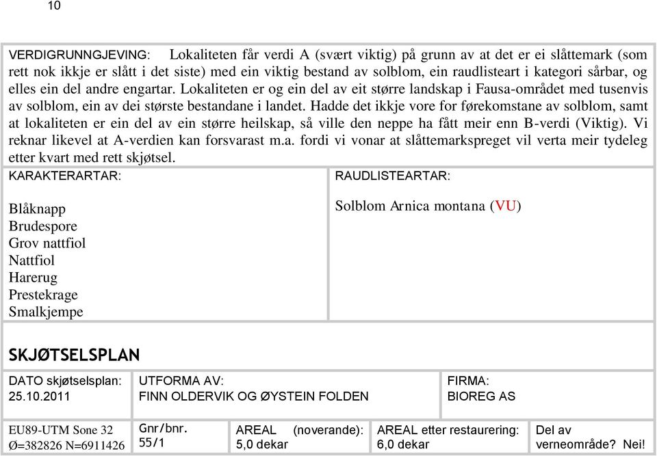 Hadde det ikkje vore for førekomstane av solblom, samt at lokaliteten er ein del av ein større heilskap, så ville den neppe ha fått meir enn B-verdi (Viktig).