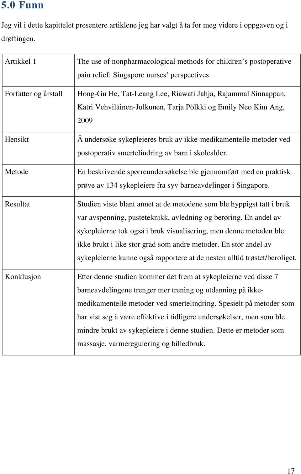 Riawati Jahja, Rajammal Sinnappan, Katri Vehviläinen-Julkunen, Tarja Pölkki og Emily Neo Kim Ang, 2009 Å undersøke sykepleieres bruk av ikke-medikamentelle metoder ved postoperativ smertelindring av