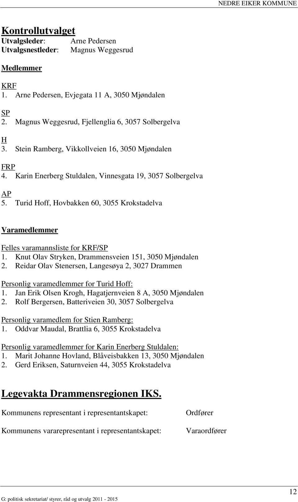 Turid Hoff, Hovbakken 60, 3055 Krokstadelva Varamedlemmer Felles varamannsliste for KRF/SP 1. Knut Olav Stryken, Drammensveien 151, 3050 Mjøndalen 2.