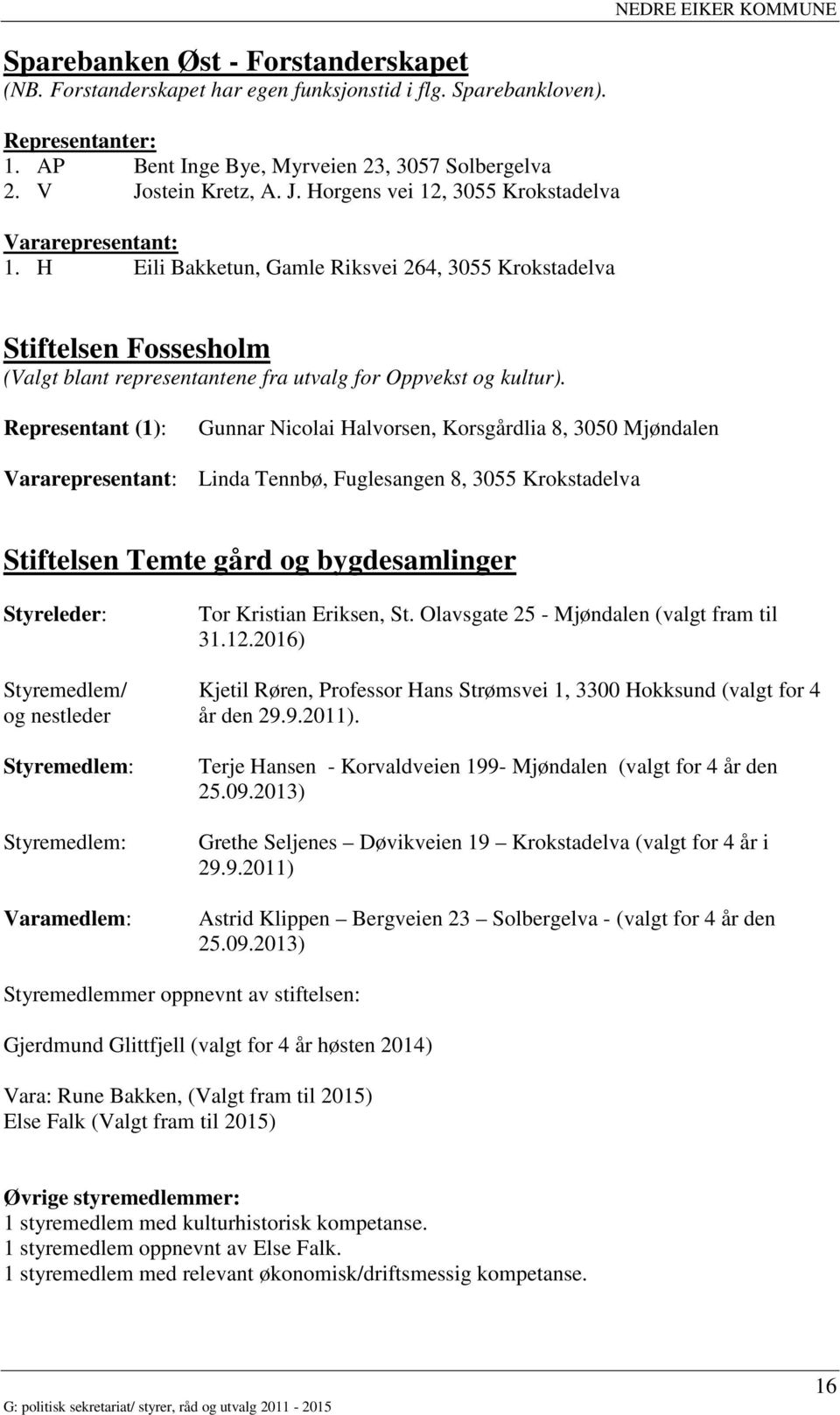 H Eili Bakketun, Gamle Riksvei 264, 3055 Krokstadelva Stiftelsen Fossesholm (Valgt blant representantene fra utvalg for Oppvekst og kultur).