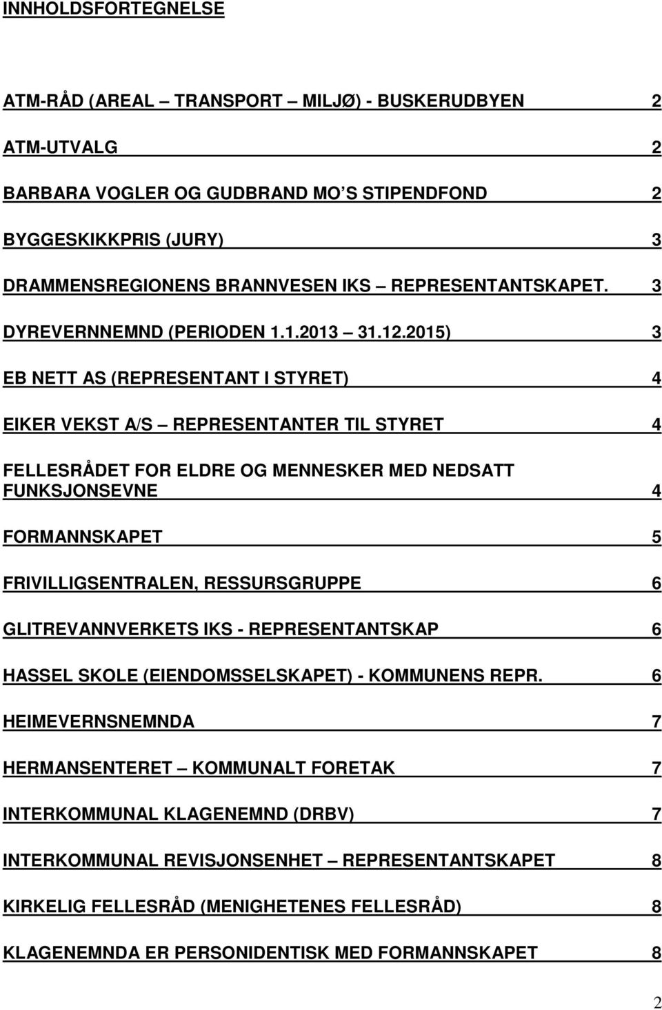 2015) 3 EB NETT AS (REPRESENTANT I STYRET) 4 EIKER VEKST A/S REPRESENTANTER TIL STYRET 4 FELLESRÅDET FOR ELDRE OG MENNESKER MED NEDSATT FUNKSJONSEVNE 4 FORMANNSKAPET 5 FRIVILLIGSENTRALEN,