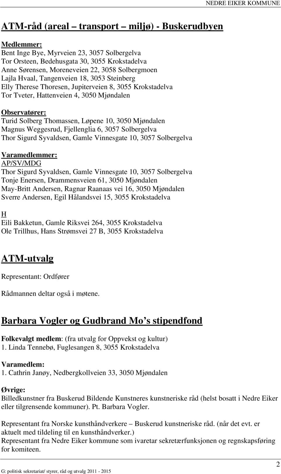 Mjøndalen Magnus Weggesrud, Fjellenglia 6, 3057 Solbergelva Thor Sigurd Syvaldsen, Gamle Vinnesgate 10, 3057 Solbergelva Varamedlemmer: AP/SV/MDG Thor Sigurd Syvaldsen, Gamle Vinnesgate 10, 3057