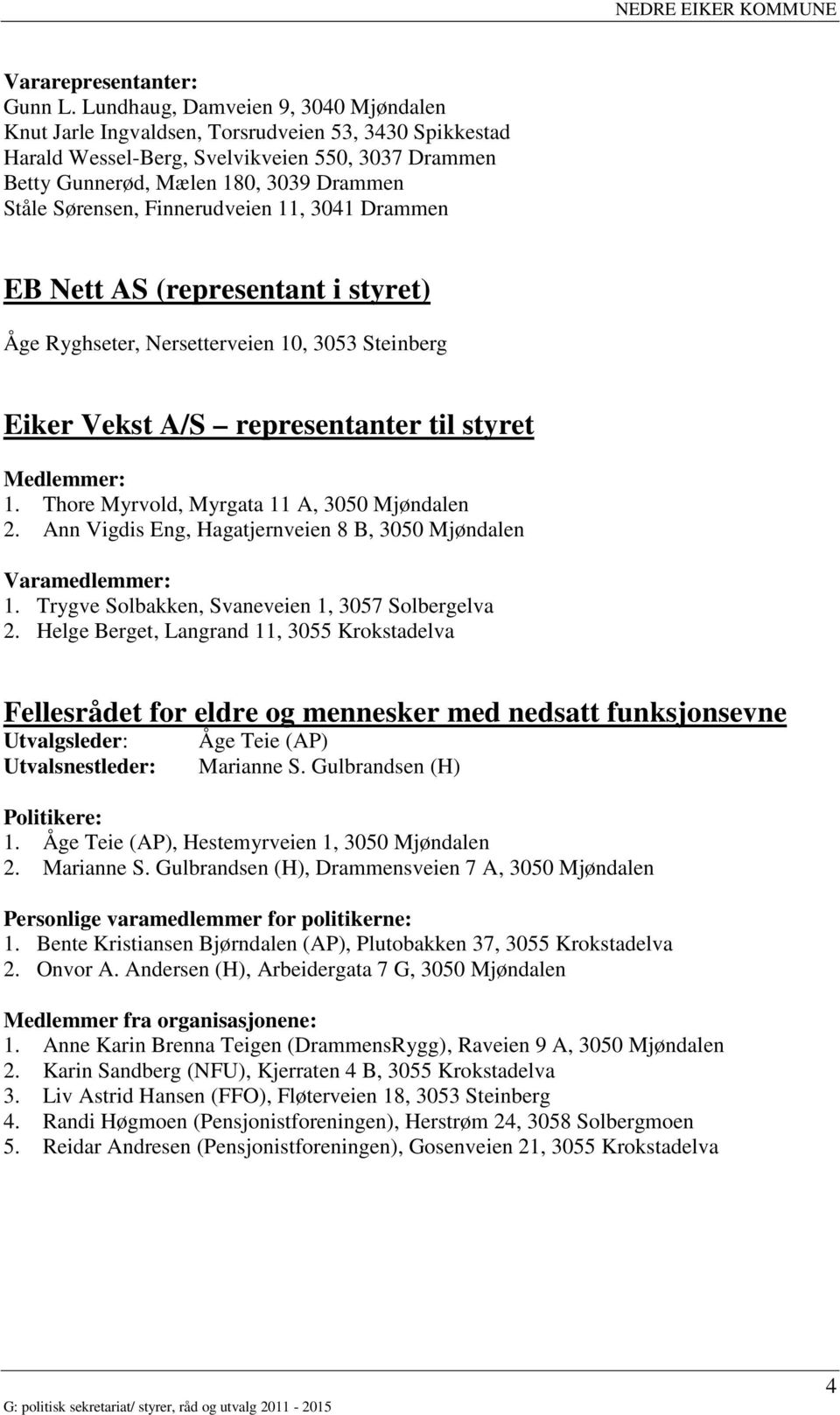 Finnerudveien 11, 3041 Drammen EB Nett AS (representant i styret) Åge Ryghseter, Nersetterveien 10, 3053 Steinberg Eiker Vekst A/S representanter til styret Medlemmer: 1.