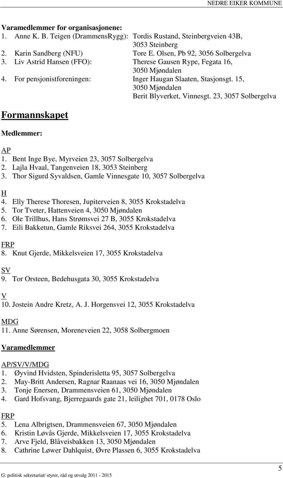 23, 3057 Solbergelva Formannskapet Medlemmer: AP 1. Bent Inge Bye, Myrveien 23, 3057 Solbergelva 2. Lajla Hvaal, Tangenveien 18, 3053 Steinberg 3.