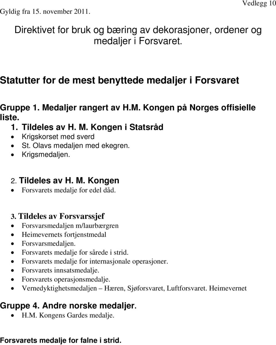 3. Tildeles av Forsvarssjef Forsvarsmedaljen m/laurbærgren Heimevernets fortjenstmedal Forsvarsmedaljen. Forsvarets medalje for sårede i strid. Forsvarets medalje for internasjonale operasjoner.