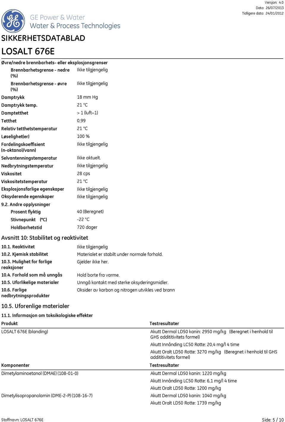 aktuelt. 28 cps Viskositetstemperatur 21 C Eksplosjonsfarlige egenskaper Oksyderende egenskaper 9.2. Andre opplysninger Prosent flyktig Stivnepunkt ( C) 22 C Holdbarhetstid 40 (Beregnet) 720 dager Avsnitt 10: Stabilitet og reaktivitet 10.