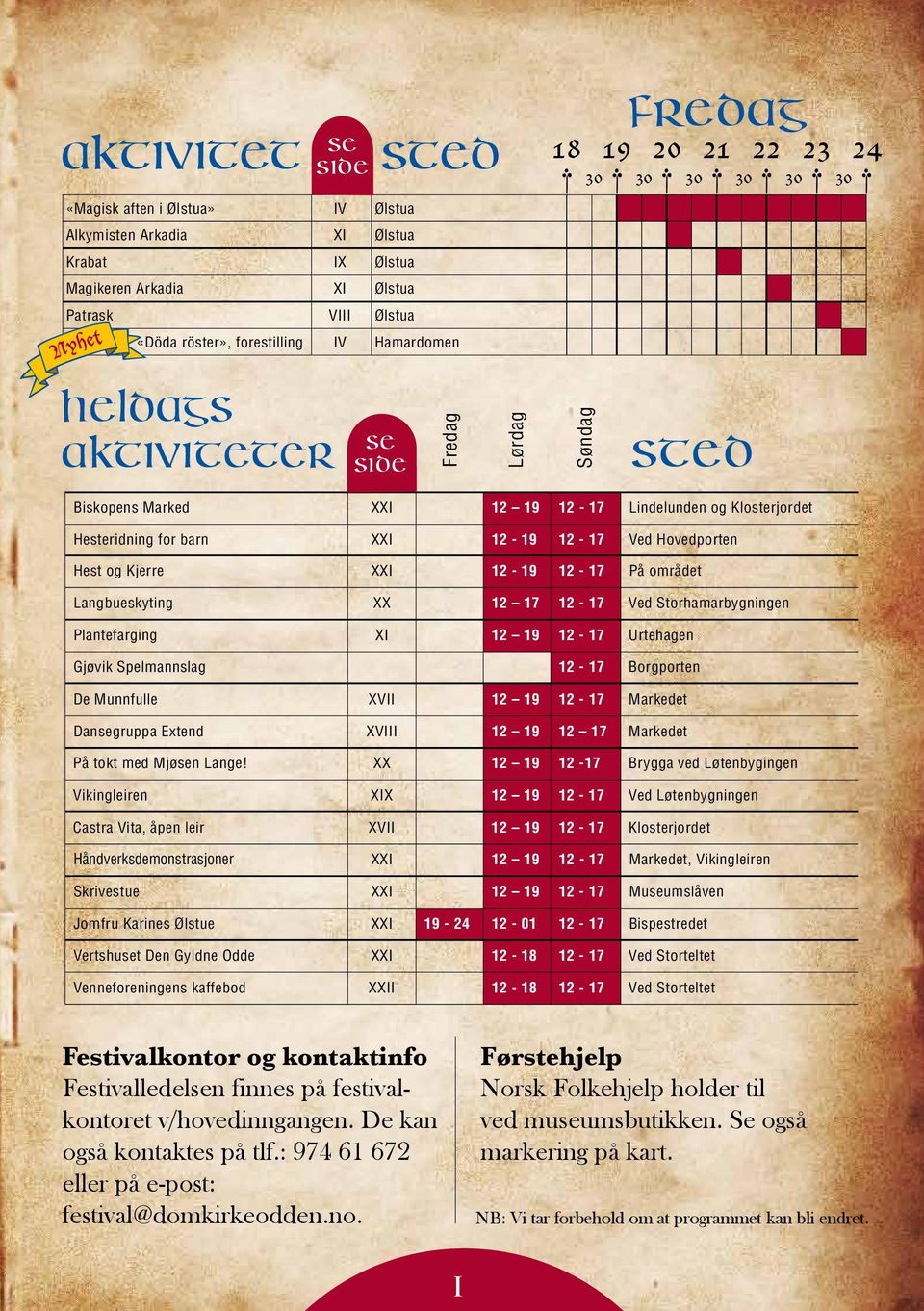 Kjerre XXI 12-19 12-17 På området Langbueskyting XX 12 17 12-17 Ved Storhamarbygningen Plantefarging XI 12 19 12-17 Urtehagen Gjøvik Spelmannslag 12-17 Borgporten De Munnfulle XVII 12 19 12-17