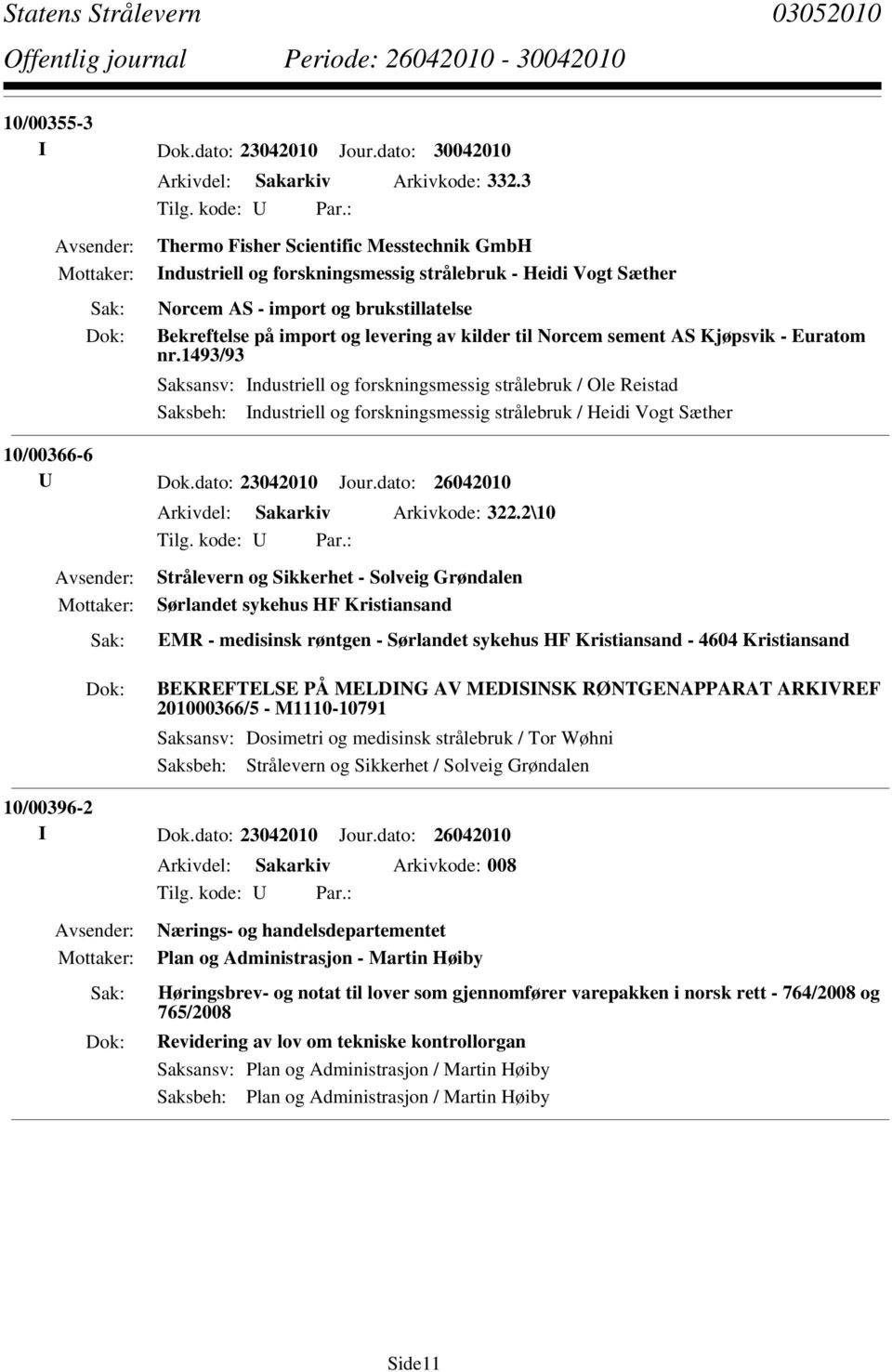 sement AS Kjøpsvik - Euratom nr.1493/93 Saksbeh: Industriell og forskningsmessig strålebruk / Heidi Vogt Sæther 10/00366-6 Arkivdel: Sakarkiv Arkivkode: 322.