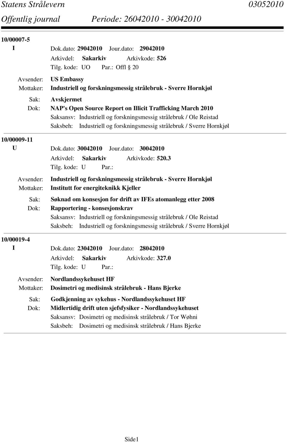 strålebruk / Sverre Hornkjøl 10/00009-11 U Dok.dato: 30042010 Jour.dato: 30042010 Arkivdel: Sakarkiv Arkivkode: 520.