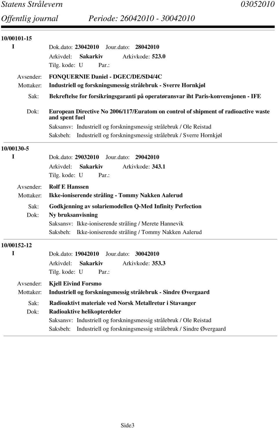 No 2006/117/Euratom on control of shipment of radioactive waste and spent fuel Saksbeh: Industriell og forskningsmessig strålebruk / Sverre Hornkjøl 10/00130-5 I Dok.dato: 29032010 Jour.