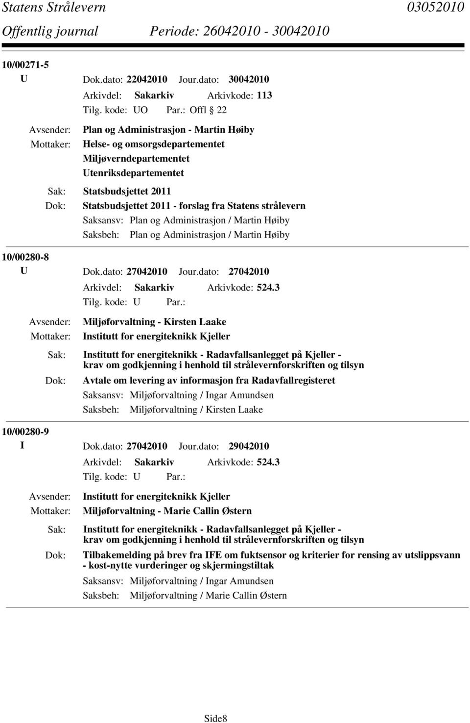 Saksansv: Plan og Administrasjon / Martin Høiby Saksbeh: Plan og Administrasjon / Martin Høiby 10/00280-8 U Dok.dato: 27042010 Jour.dato: 27042010 Arkivdel: Sakarkiv Arkivkode: 524.