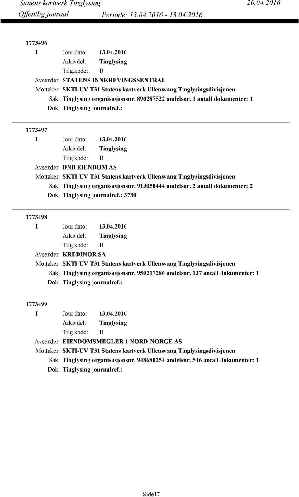 2 antall dokumenter: 2 Dok: journalref.: 3730 1773498 Avsender: KREDINOR SA Mottaker: SKTI-V T31 Statens kartverk llensvang sdivisjonen organisasjonsnr. 950217286 andelsnr.