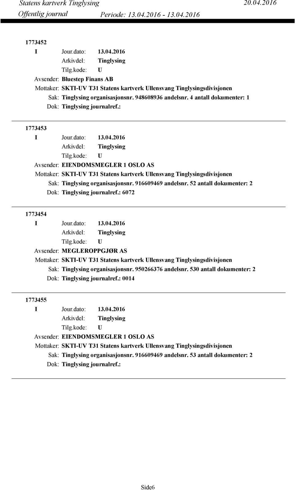 52 antall dokumenter: 2 Dok: journalref.: 6072 1773454 Avsender: MEGLEROPPGJØR AS Mottaker: SKTI-V T31 Statens kartverk llensvang sdivisjonen organisasjonsnr. 950266376 andelsnr.