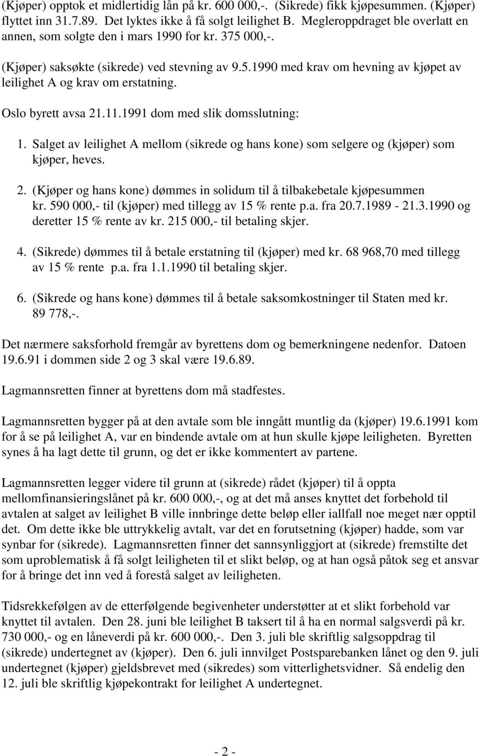 Oslo byrett avsa 21.11.1991 dom med slik domsslutning: 1. Salget av leilighet A mellom (sikrede og hans kone) som selgere og (kjøper) som kjøper, heves. 2. (Kjøper og hans kone) dømmes in solidum til å tilbakebetale kjøpesummen kr.
