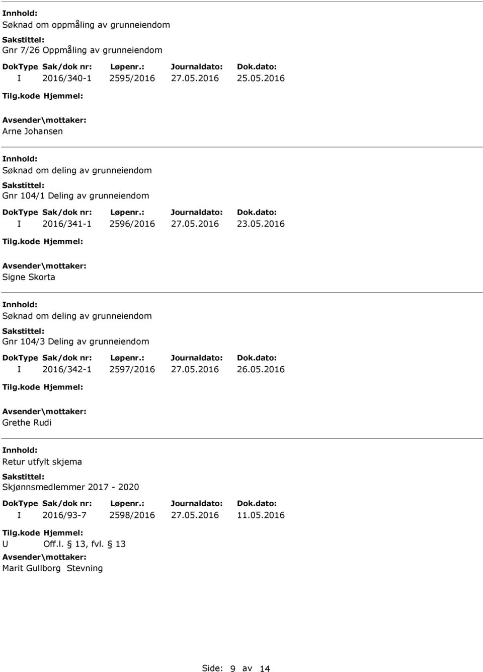 2016 Signe Skorta nnhold: Søknad om deling av grunneiendom Gnr 104/3 Deling av grunneiendom 2016/342-1 2597/2016