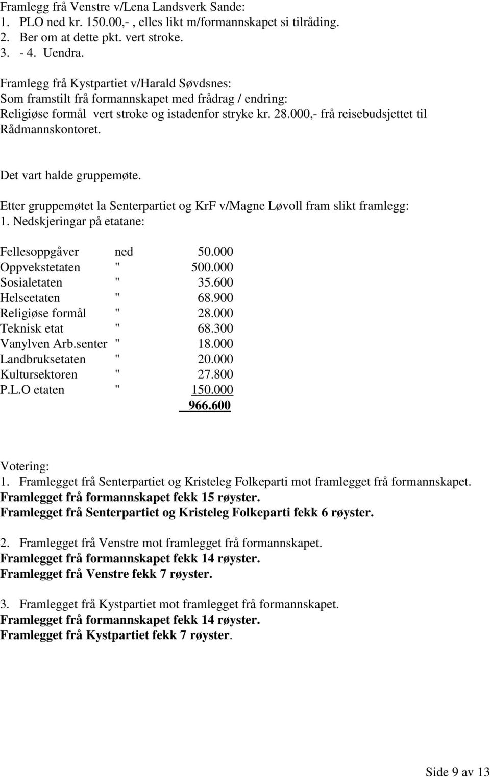 000,- frå reisebudsjettet til Rådmannskontoret. Det vart halde gruppemøte. Etter gruppemøtet la Senterpartiet og KrF v/magne Løvoll fram slikt framlegg: 1.