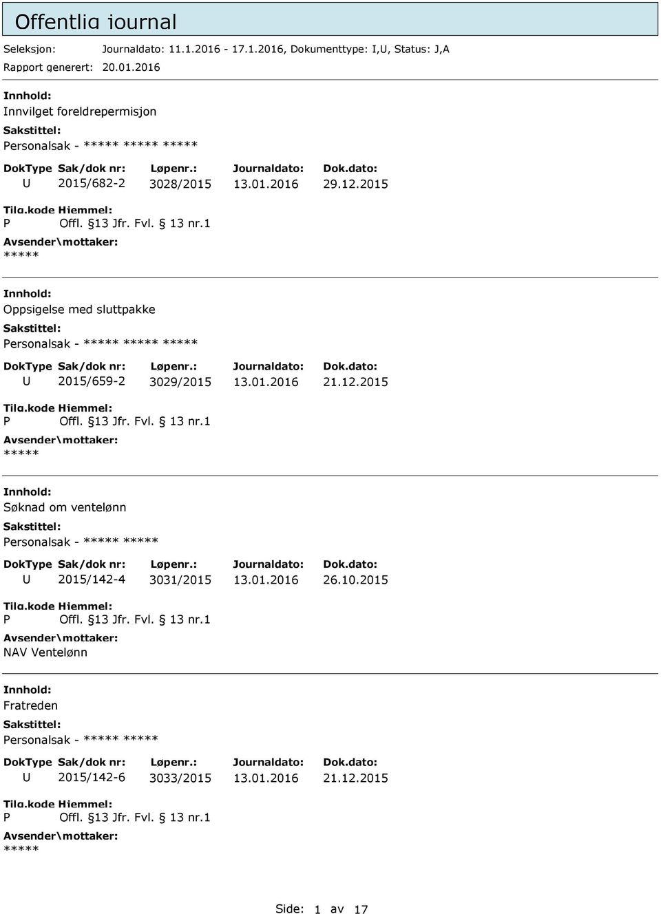 2015 Oppsigelse med sluttpakke ersonalsak - 2015/659-2 3029/2015 Søknad om ventelønn