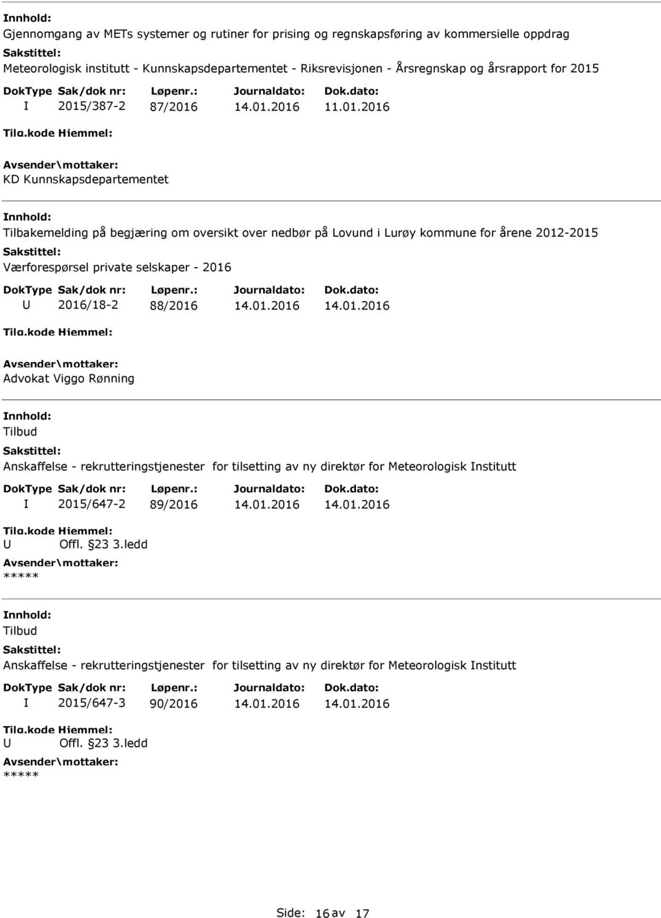 2015/387-2 87/2016 11.01.2016 KD Kunnskapsdepartementet Tilbakemelding på begjæring om oversikt over nedbør på Lovund i Lurøy kommune for årene 2012-2015 Værforespørsel