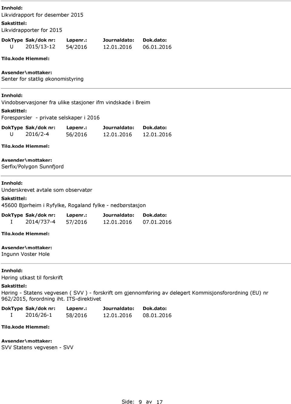 2015/13-12 54/2016 06.01.2016 Senter for statlig økonomistyring Vindobservasjoner fra ulike stasjoner ifm vindskade i Breim Forespørsler - private selskaper i