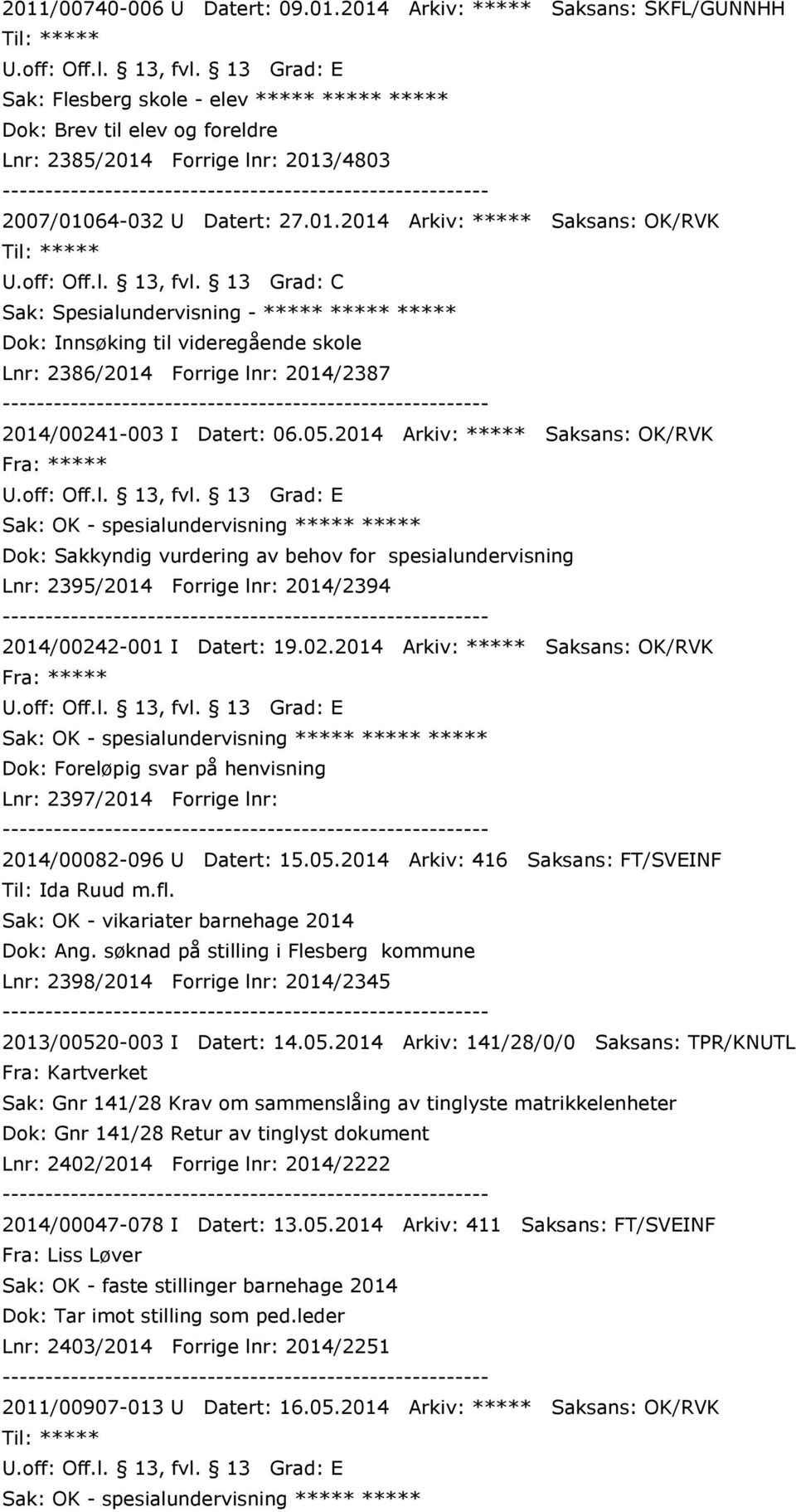 13 Grad: C Sak: Spesialundervisning - ***** ***** ***** Dok: Innsøking til videregående skole Lnr: 2386/2014 Forrige lnr: 2014/2387 2014/00241-003 I Datert: 06.05.