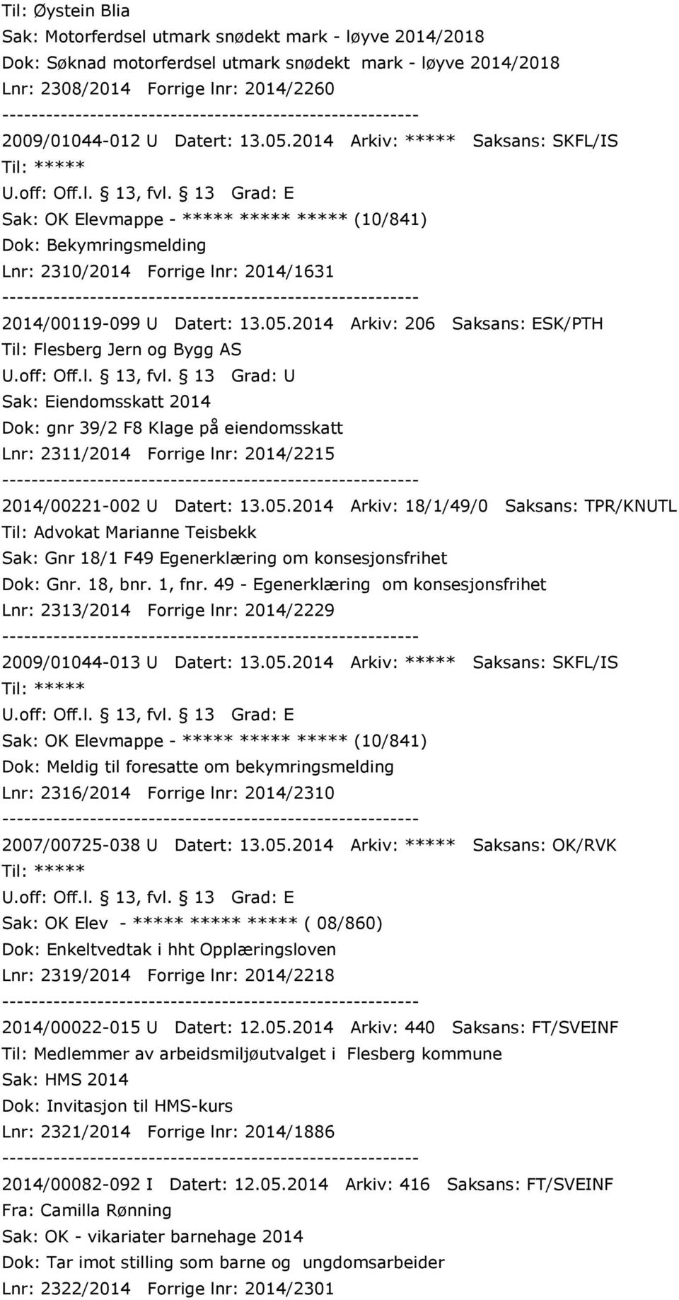 off: Off.l. 13, fvl. 13 Grad: U Sak: Eiendomsskatt 2014 Dok: gnr 39/2 F8 Klage på eiendomsskatt Lnr: 2311/2014 Forrige lnr: 2014/2215 2014/00221-002 U Datert: 13.05.