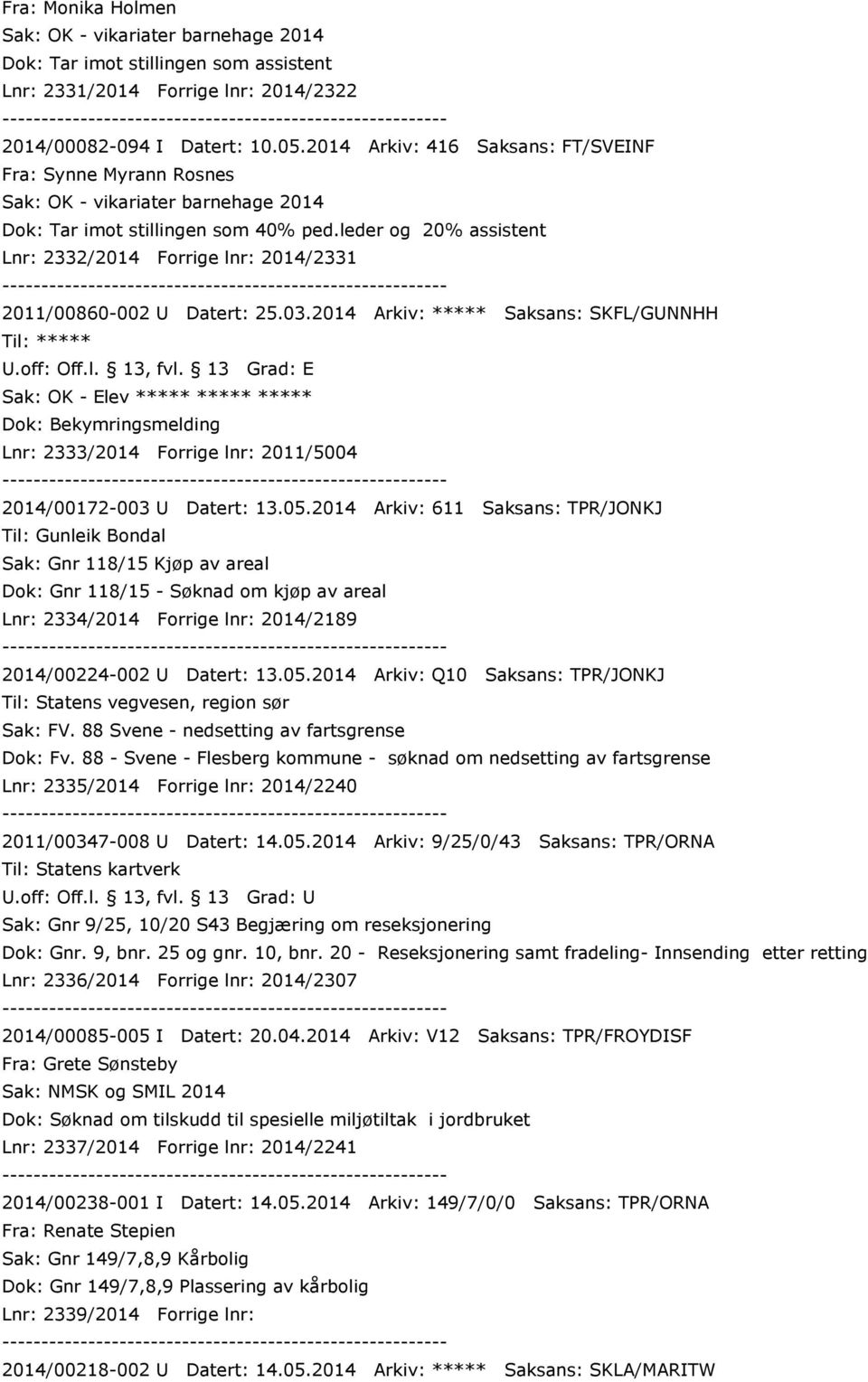 2014 Arkiv: ***** Saksans: SKFL/GUNNHH Sak: OK - Elev ***** ***** ***** Dok: Bekymringsmelding Lnr: 2333/2014 Forrige lnr: 2011/5004 2014/00172-003 U Datert: 13.05.