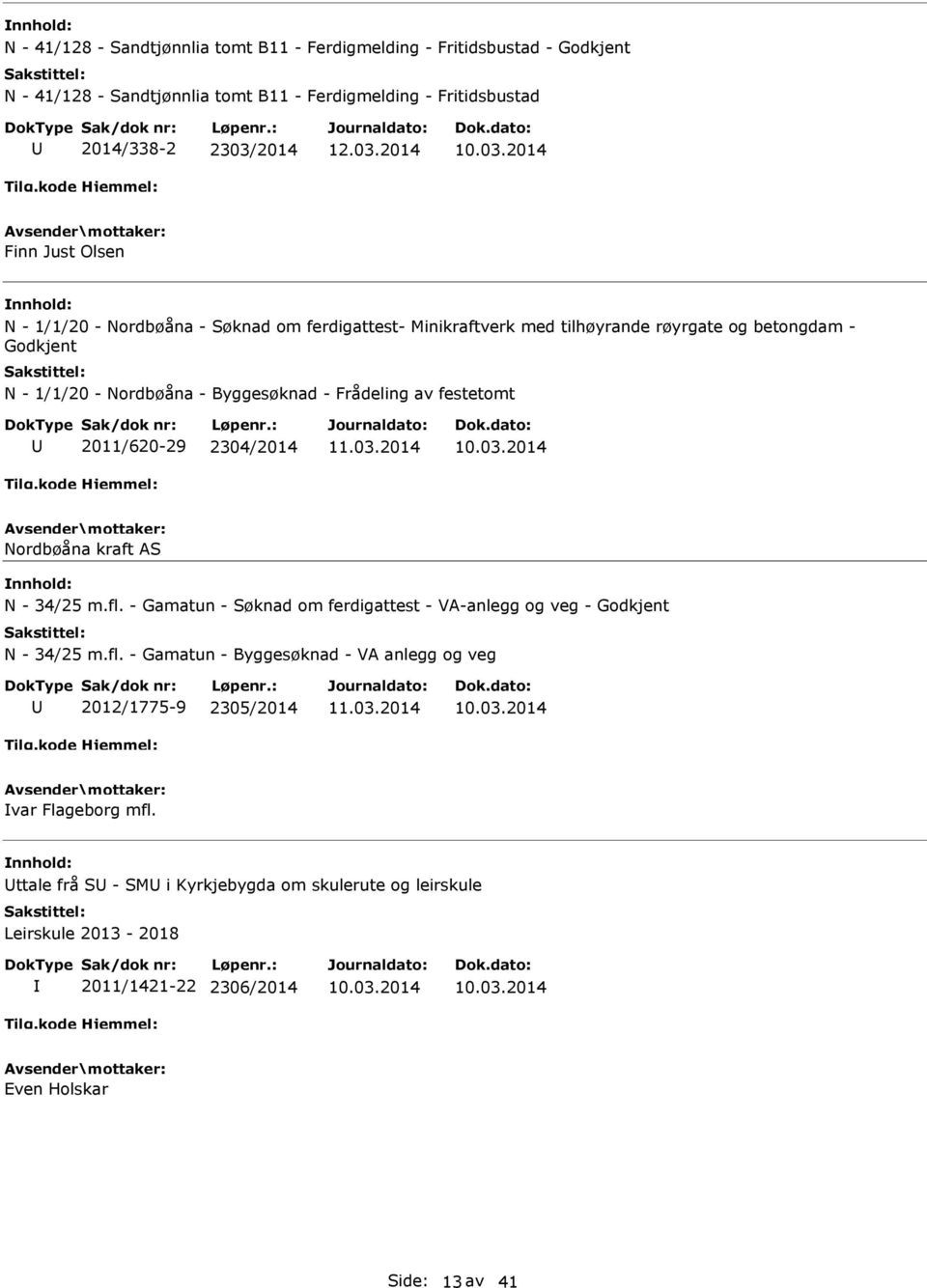 festetomt 2011/620-29 2304/2014 Nordbøåna kraft AS N - 34/25 m.fl. - Gamatun - Søknad om ferdigattest - VA-anlegg og veg - Godkjent N - 34/25 m.fl. - Gamatun - Byggesøknad - VA anlegg og veg 2012/1775-9 2305/2014 var Flageborg mfl.