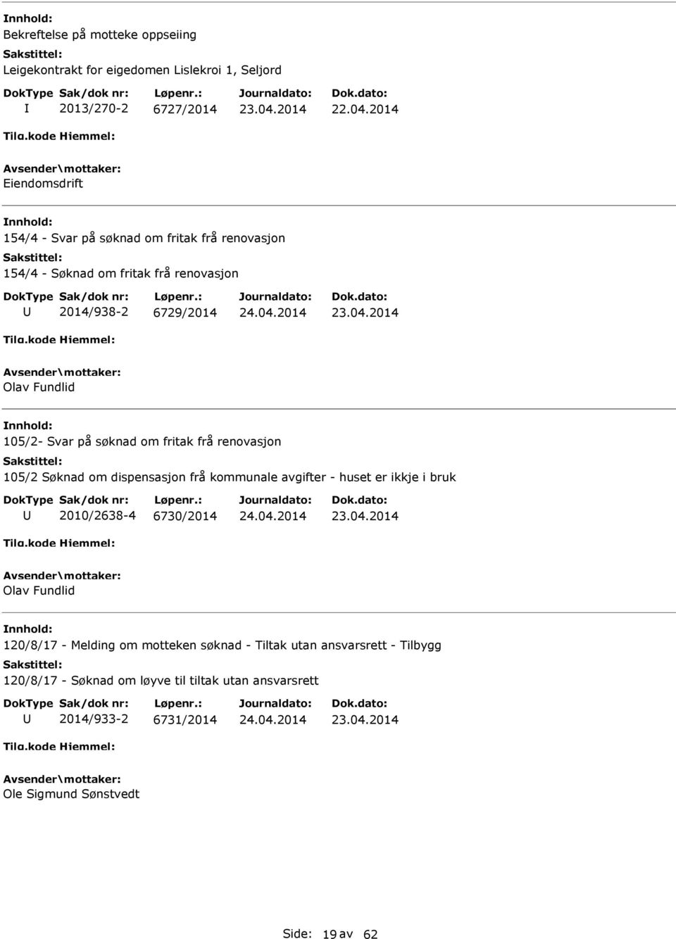 105/2 Søknad om dispensasjon frå kommunale avgifter - huset er ikkje i bruk 2010/2638-4 6730/2014 Olav Fundlid 120/8/17 - Melding om motteken