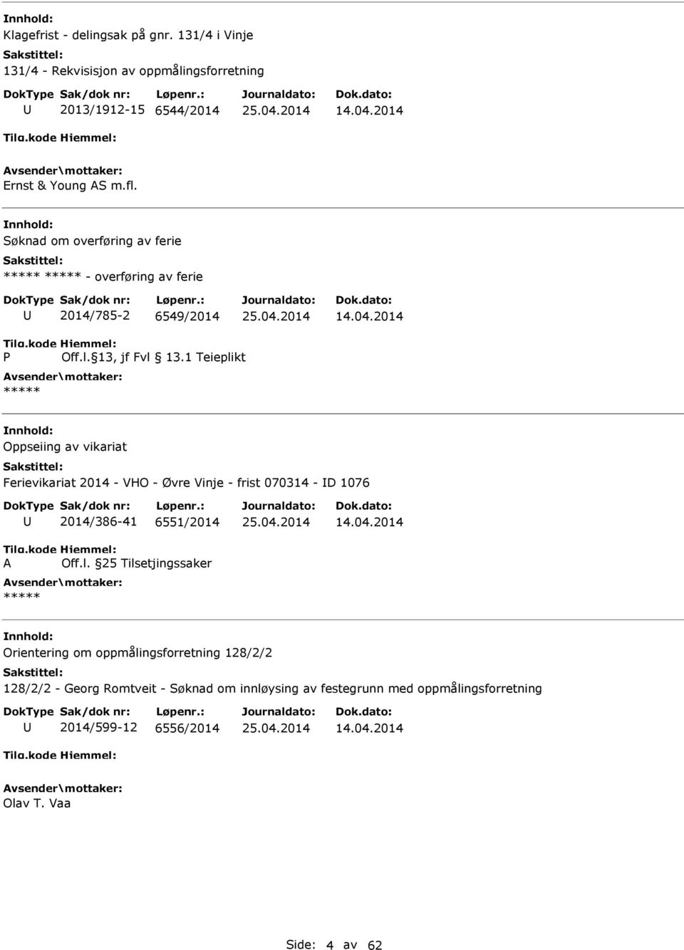 1 Teieplikt Oppseiing av vikariat Ferievikariat 2014 - VHO - Øvre Vinje - frist 070314 - D 1076 A 2014/386-41 6551/2014 Off.l. 25 Tilsetjingssaker 14.