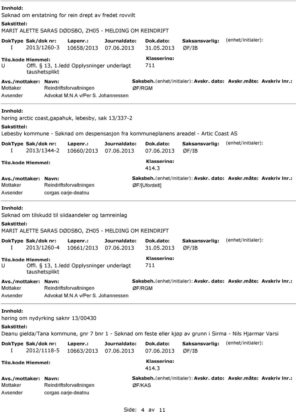 3 ØF/[fordelt] corgas oarje-deatnu nnhold: Søknad om tilskudd til siidaandeler og tamreinlag MART ALETTE SARAS DØDSBO, ZH05 - MELDNG OM RENDRFT 2013/1260-4 10661/2013 31.05.2013 ØF/B 711 Advokat M.N.A v/per S.