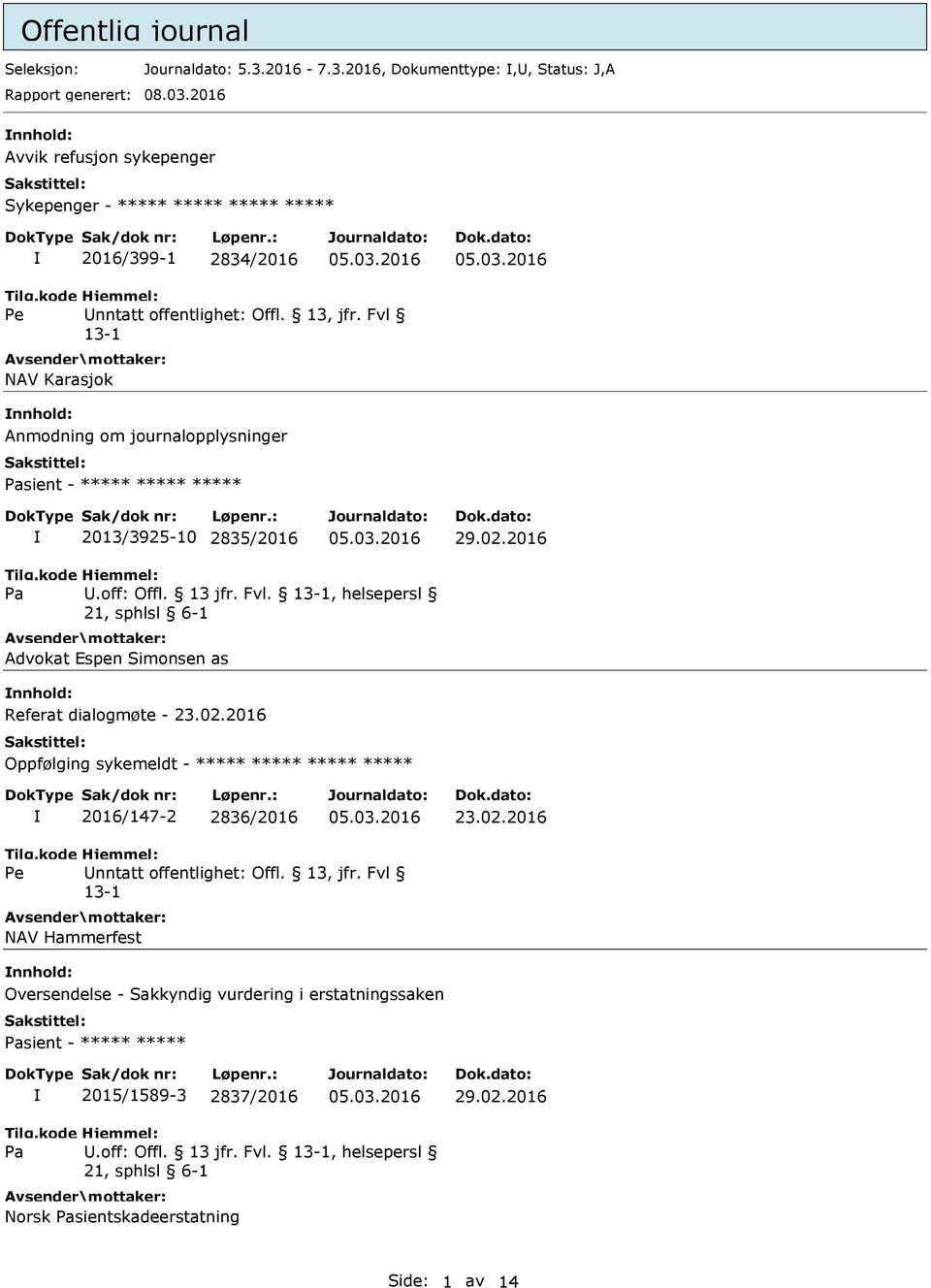 ***** 2013/3925-10 2835/2016 29.02.2016 U.off: Offl. 13 jfr. Fvl., helsepersl Advokat Espen Simonsen as nnhold: Referat dialogmøte - 23.02.2016 Oppfølging sykemeldt - ***** ***** ***** ***** 2016/147-2 2836/2016 23.